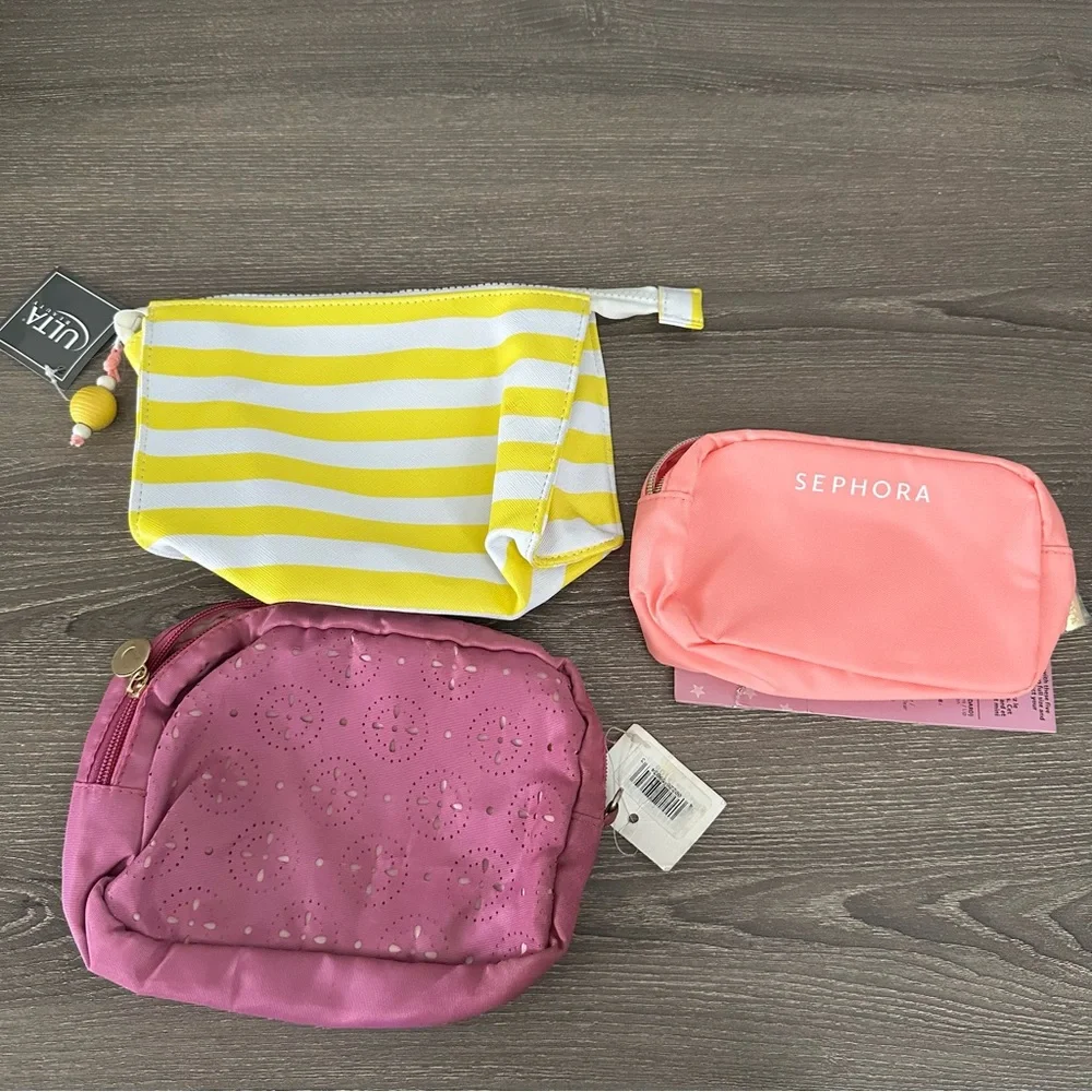 Ulta Sephora Makeup Travel Cosmetic Bag Lot Three Pink Yellow Stripe Lasercut